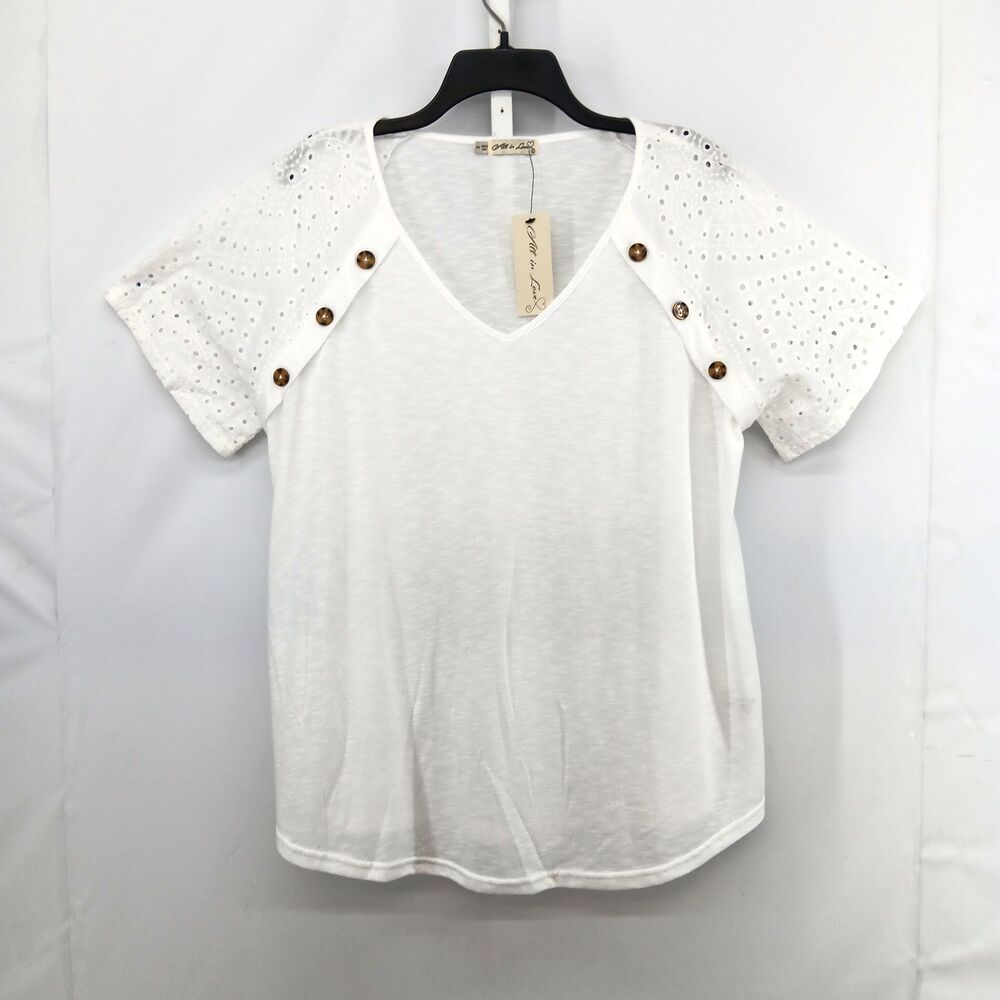 All in Love Shirt Womens 2XL White Eyelet Lace Sleeves Button Detail Summer Top